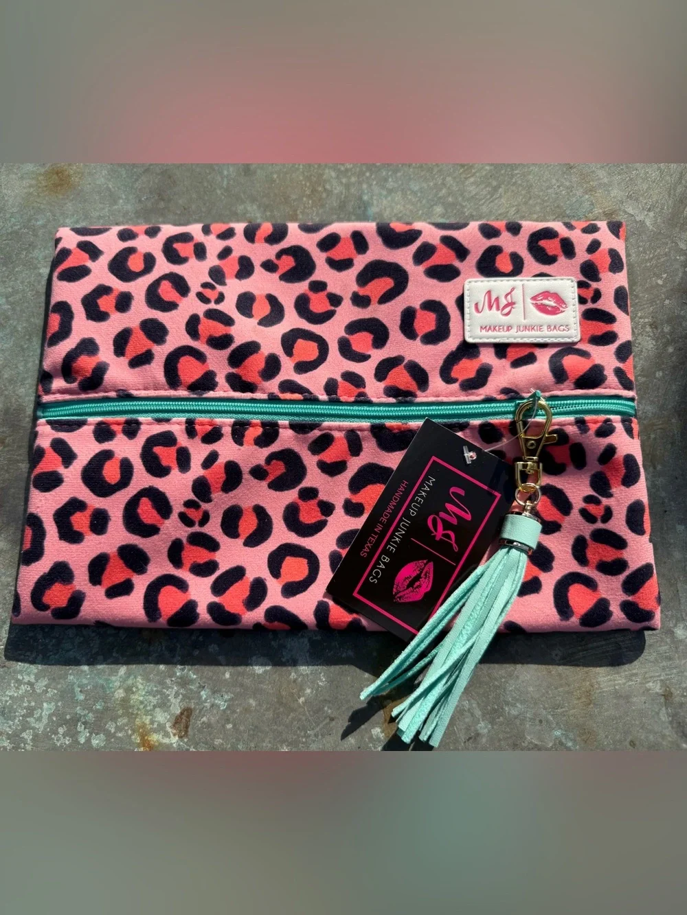 Makeup Junkie Medium Pink Coral Leopard Print Cosmetic Bag Mint Tassel